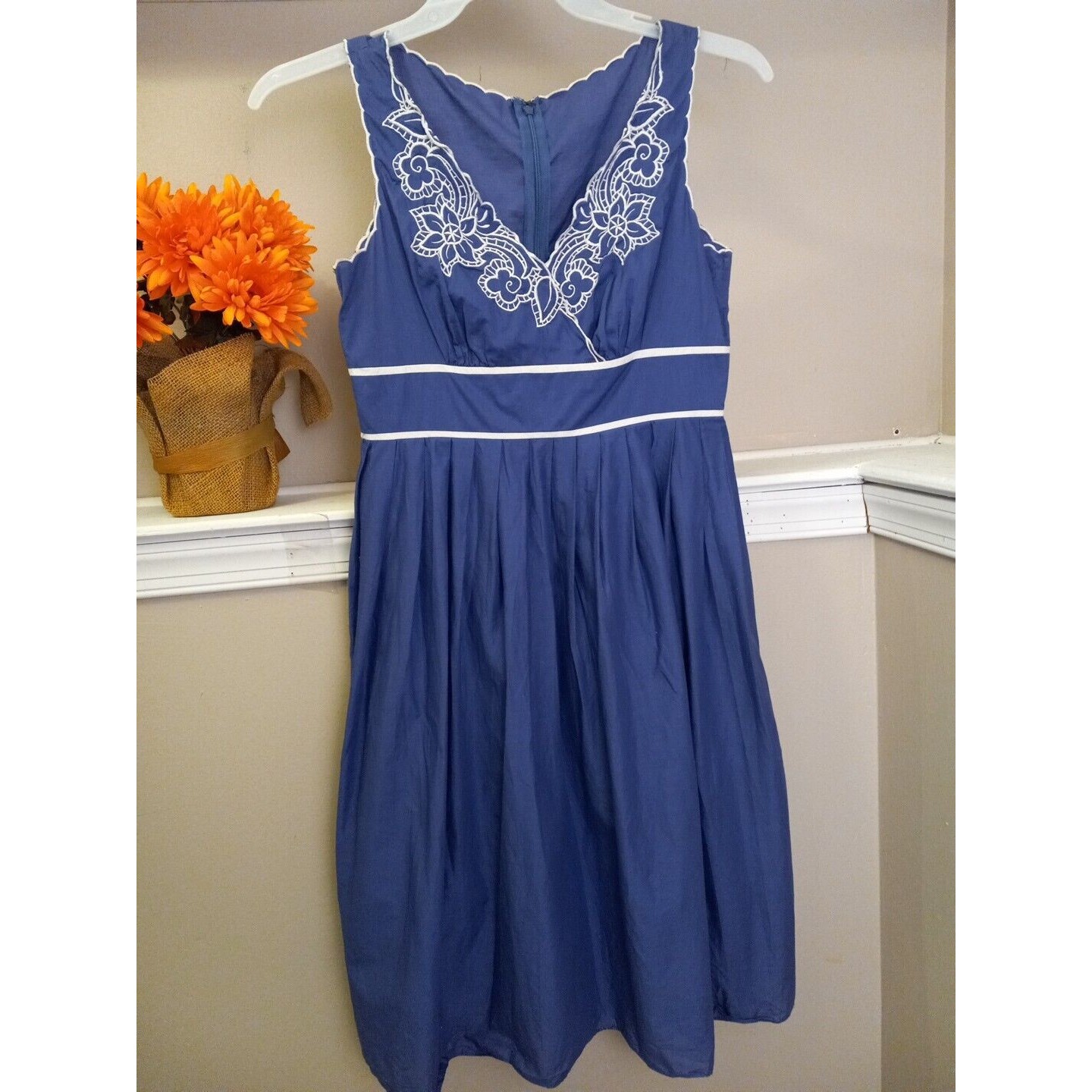 Adrianna Papell Womens Blue A-Line Floral Cotton Apron Style Dress Size 6